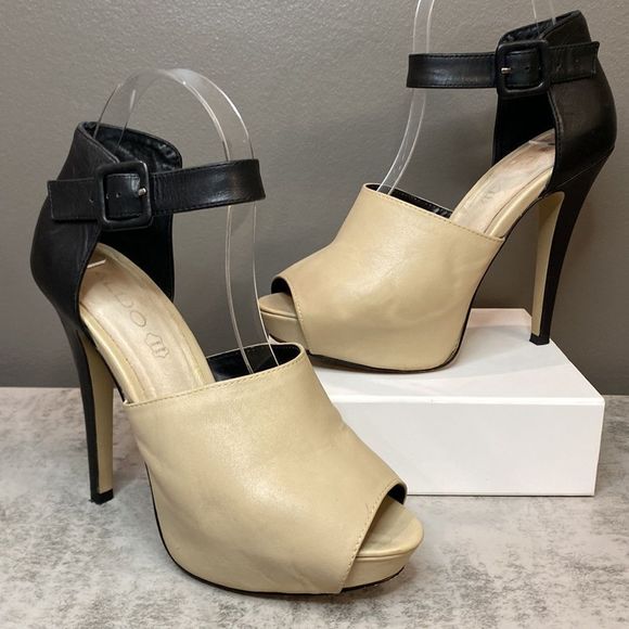 Aldo Shoes - Aldo Black & Tan Leather Platform pumps/Heels ankle buckle Size 7.5